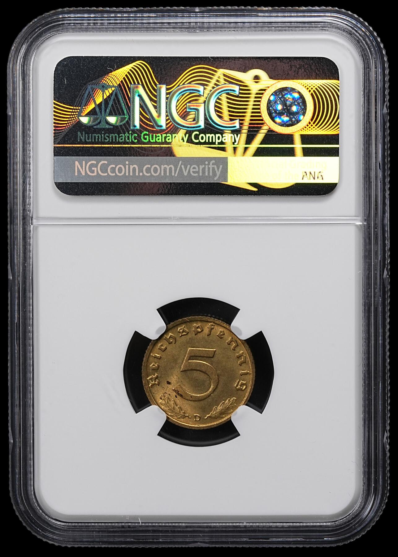 修遠堂世界钱币第一百期 NGC MS64 1938年德三5芬尼 D厂铭