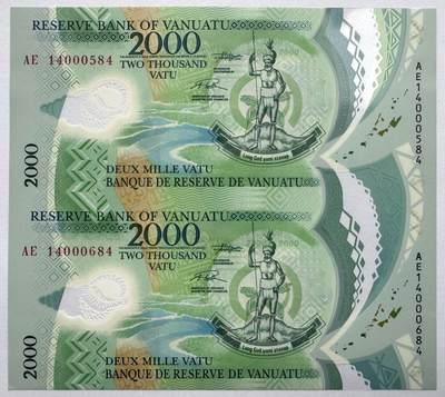 2026第1场（总第228期）：精品测试钞、外钞、塑料钞、连体钞综合场 - 稀少/二连体  瓦努阿图2000瓦图塑料钞UNC （发行量仅100枚）