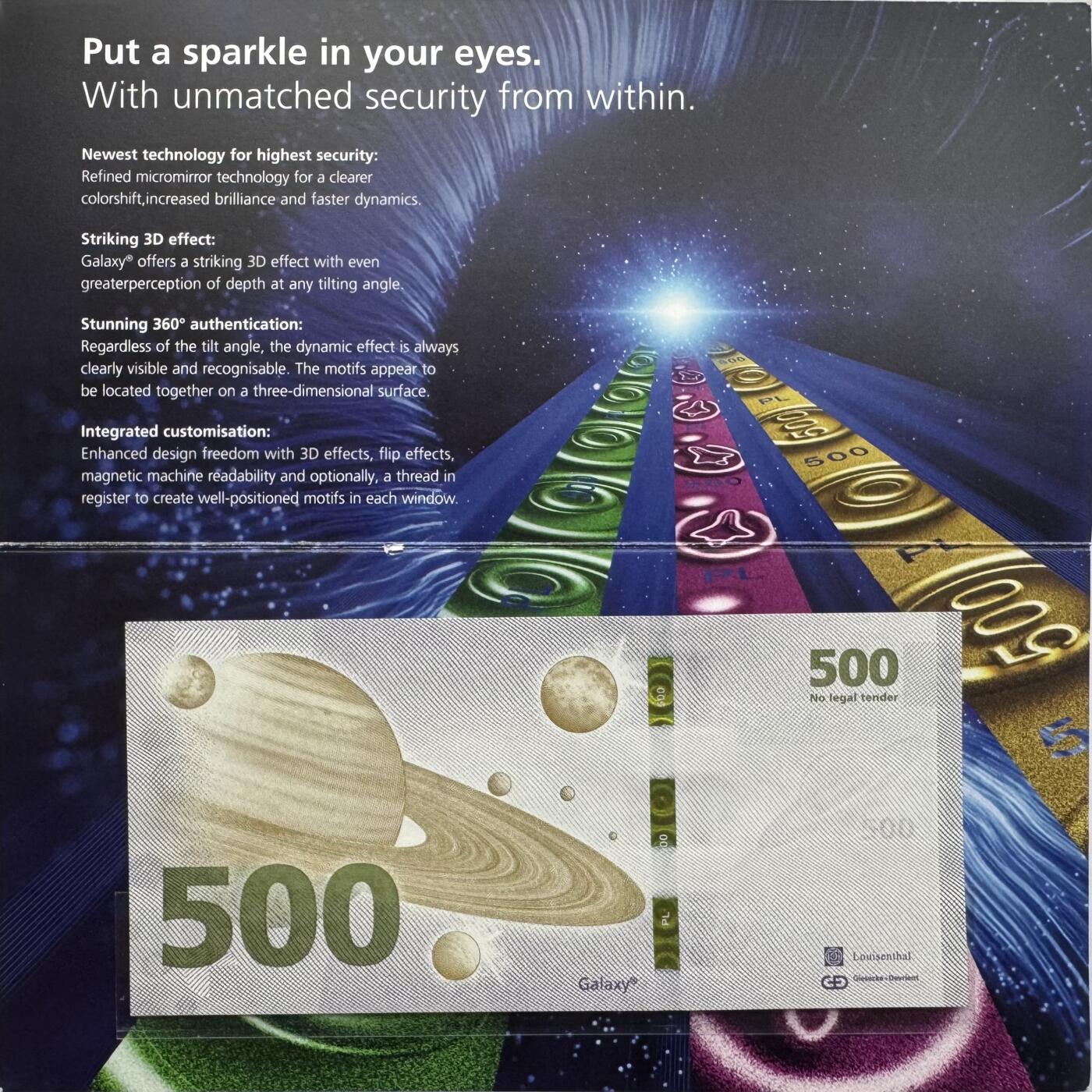 2026第1场（总第228期）：精品测试钞、外钞、塑料钞、连体钞综合场 德国捷德G&D “绿版木星”500面额Galaxy金变绿安全线测试钞册装UNC