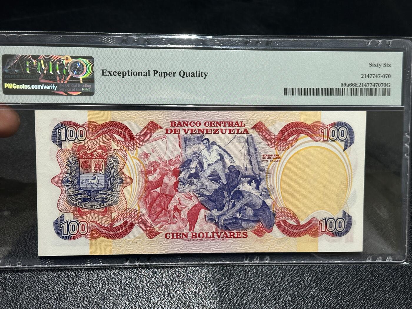 🎉🎉🎉《外钞收藏家》第六百期（年度庆典场）（本平台长期征集拍品、欢迎藏友们联系合作）❤️❤️❤️ 1980年委内瑞拉100 纪念钞 PMG66 A冠