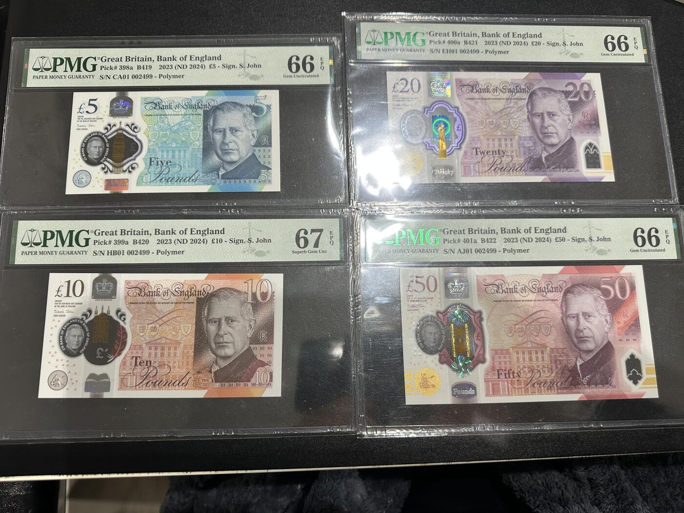 🎉🎉🎉《外钞收藏家》第六百期（年度庆典场）（本平台长期征集拍品、欢迎藏友们联系合作）❤️❤️❤️ 英国最新版 查尔斯 塑料钞 5-50镑 四张一起 全部首发冠 PMG66-67 