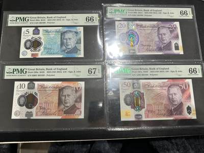 🎉🎉🎉《外钞收藏家》第六百期（年度庆典场）（本平台长期征集拍品、欢迎藏友们联系合作）❤️❤️❤️ - 英国最新版 查尔斯 塑料钞 5-50镑 四张一起 全部首发冠 PMG66-67 