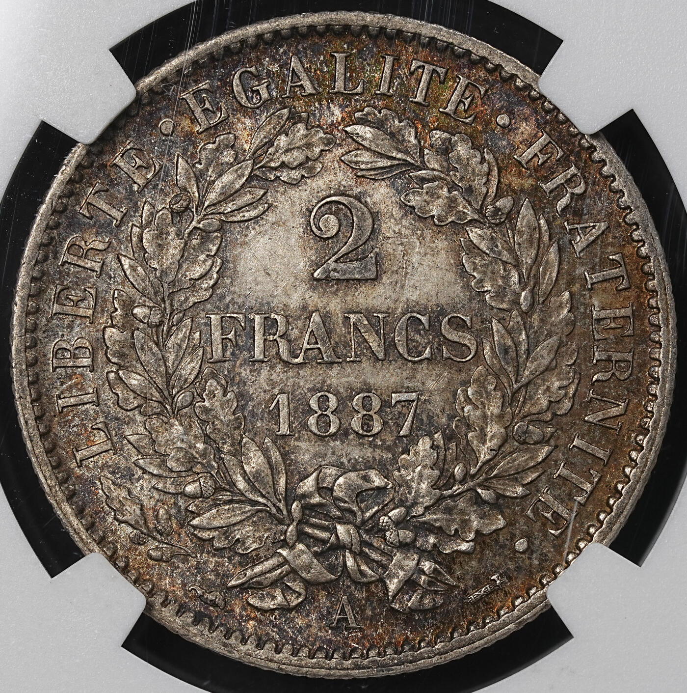 修遠堂世界钱币第一百期 NGC MS63 1887年法国谷物女神2法郎银币 A厂铭 五彩包浆