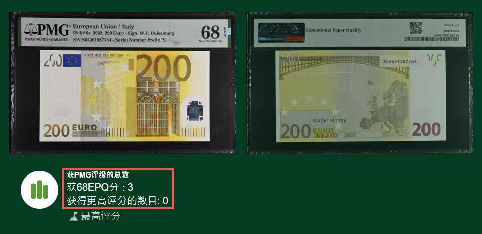 🎉🎉🎉《外钞收藏家》第六百期（年度庆典场）（本平台长期征集拍品、欢迎藏友们联系合作）❤️❤️❤️ 2002年一签200欧元 意大利版 稀少 PMG68 冠军分