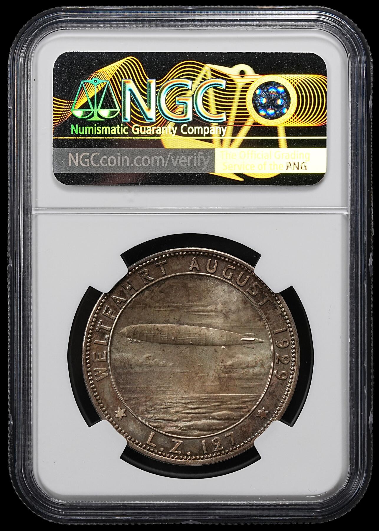 修遠堂世界钱币第一百期 NGC MS65 1929年德国- “LZ 127 齐柏林伯爵号” 飞艇完成首次环球飞行（8 月 15 日 - 29 日）纪念银章