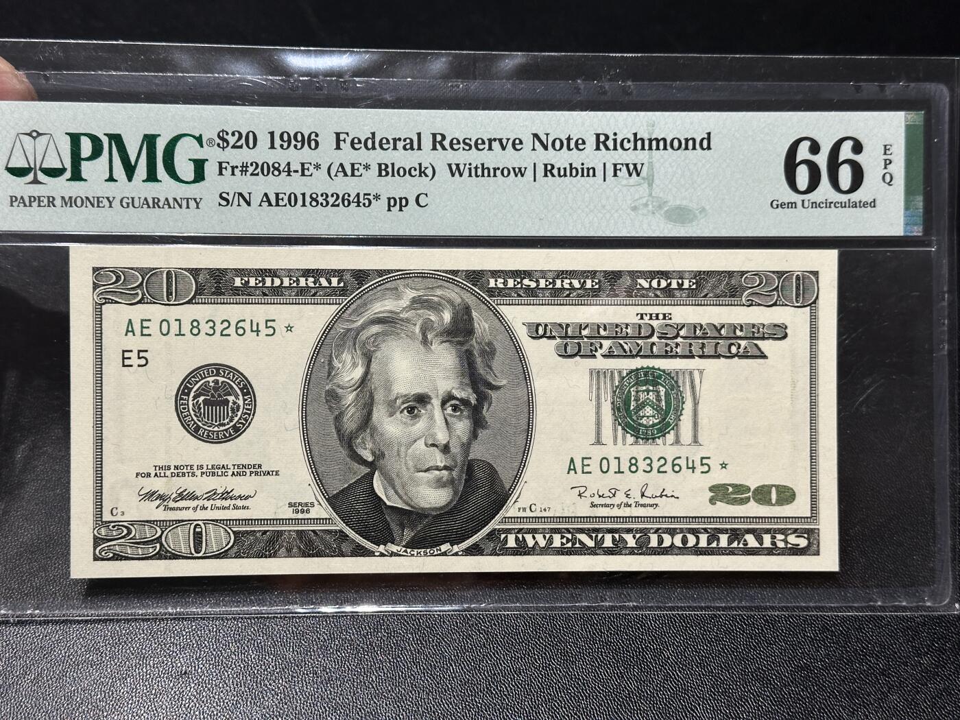 🎉🎉🎉《外钞收藏家》第六百期（年度庆典场）（本平台长期征集拍品、欢迎藏友们联系合作）❤️❤️❤️ 1996年美国大头版20美元 PMG66 补号