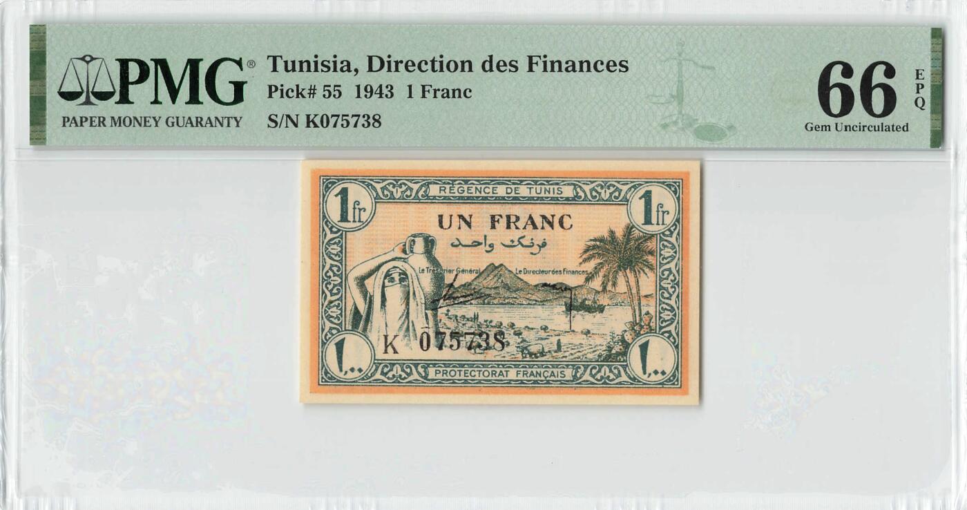 小福收藏拍卖第200期 【庆典场 中拍就有好礼相赠】评级币精选场 本期有捷克斯洛伐克20年100克朗慕夏作品大珍 69分倒置百位号布隆迪世界最大纸币  35年版加拿大经典 苏格兰格拉斯哥大学500年纪念钞倒置小号 卡塔尔80年100里亚尔冠军分 美国教育券 意大利拉斐尔 乌克兰 库克群岛 墨西哥 南斯拉夫 亚美尼亚等多国精美高分珍稀老钞精品纸币 突尼斯 1943年 1法郎 尾8 PMG66 EPQ 亚军分（冠军分仅2枚）