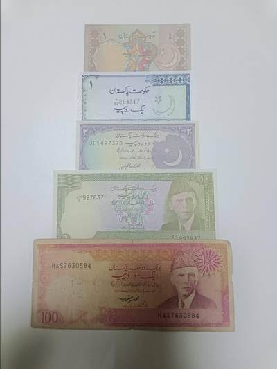 【20260106】非全新纸币和硬币第321场 - 巴基斯坦5张纸币不同版本，有裂缝