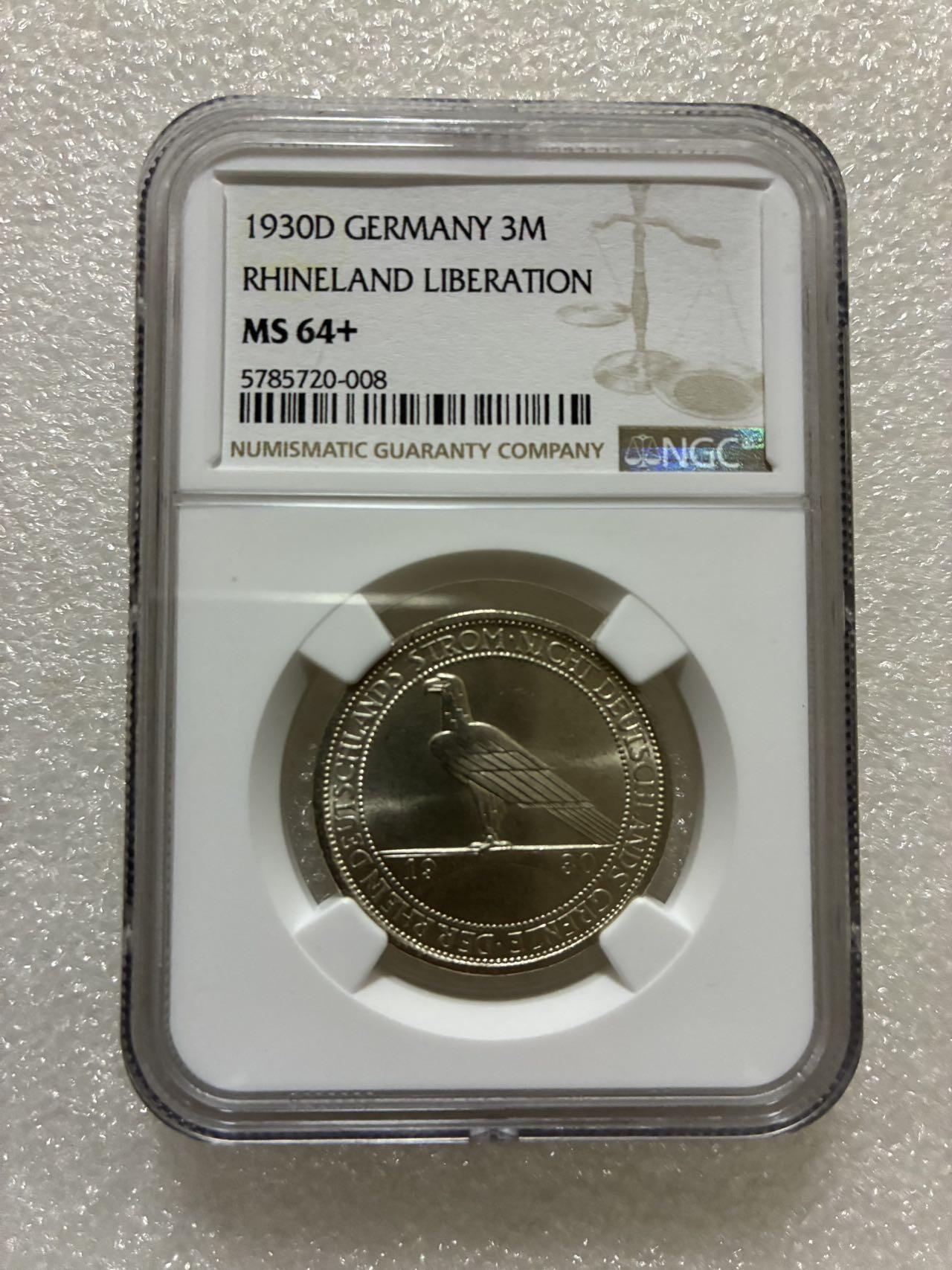 NGC MS 64+ 德国魏玛共和国1930年D  莱茵 3马克 纪念银币