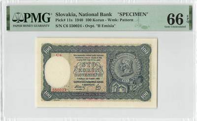小福收藏拍卖第200期 【庆典场 中拍就有好礼相赠】评级币精选场 本期有捷克斯洛伐克20年100克朗慕夏作品大珍 69分倒置百位号布隆迪世界最大纸币  35年版加拿大经典 苏格兰格拉斯哥大学500年纪念钞倒置小号 卡塔尔80年100里亚尔冠军分 美国教育券 意大利拉斐尔 乌克兰 库克群岛 墨西哥 南斯拉夫 亚美尼亚等多国精美高分珍稀老钞精品纸币 - 斯洛伐克 1940年 100克朗 样钞 PMG66 EPQ 冠军分！！！