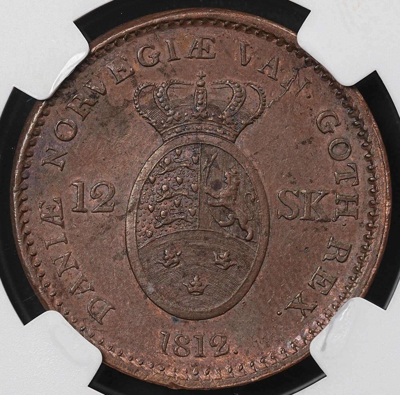 修遠堂世界钱币第一百期 NGC MS63BN 1812年丹麦12 SKILLING铜币 打在1771年1 SKILLING铜币上