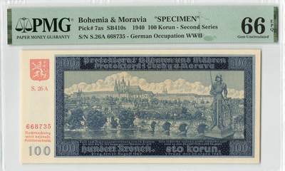 小福收藏拍卖第200期 【庆典场 中拍就有好礼相赠】评级币精选场 本期有捷克斯洛伐克20年100克朗慕夏作品大珍 69分倒置百位号布隆迪世界最大纸币  35年版加拿大经典 苏格兰格拉斯哥大学500年纪念钞倒置小号 卡塔尔80年100里亚尔冠军分 美国教育券 意大利拉斐尔 乌克兰 库克群岛 墨西哥 南斯拉夫 亚美尼亚等多国精美高分珍稀老钞精品纸币 - 波西米亚和摩拉维亚 1940年 100克朗 样钞 PMG66 EPQ 亚军分