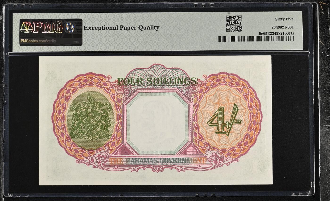 🎉🎉🎉《外钞收藏家》第六百期（年度庆典场）（本平台长期征集拍品、欢迎藏友们联系合作）❤️❤️❤️ 【亚军分】巴哈马 1947年4先令 PMG65EPQ 绝品 英王乔六