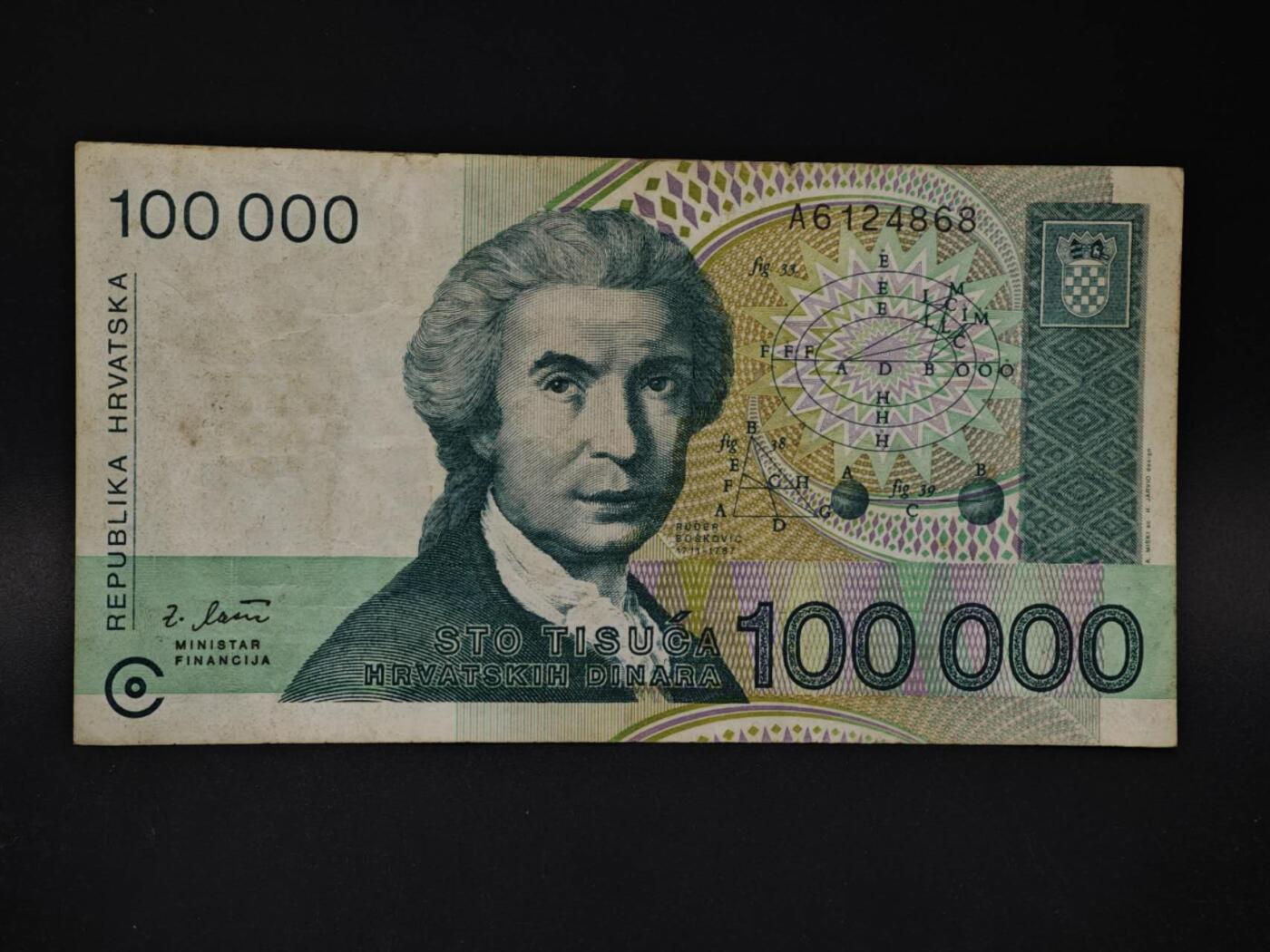 【淘币小摊】限时拍第八百四十二拍  纸币场  满百包邮可预留两周  周一统一发货  克罗地亚100000库那纸币【有折】