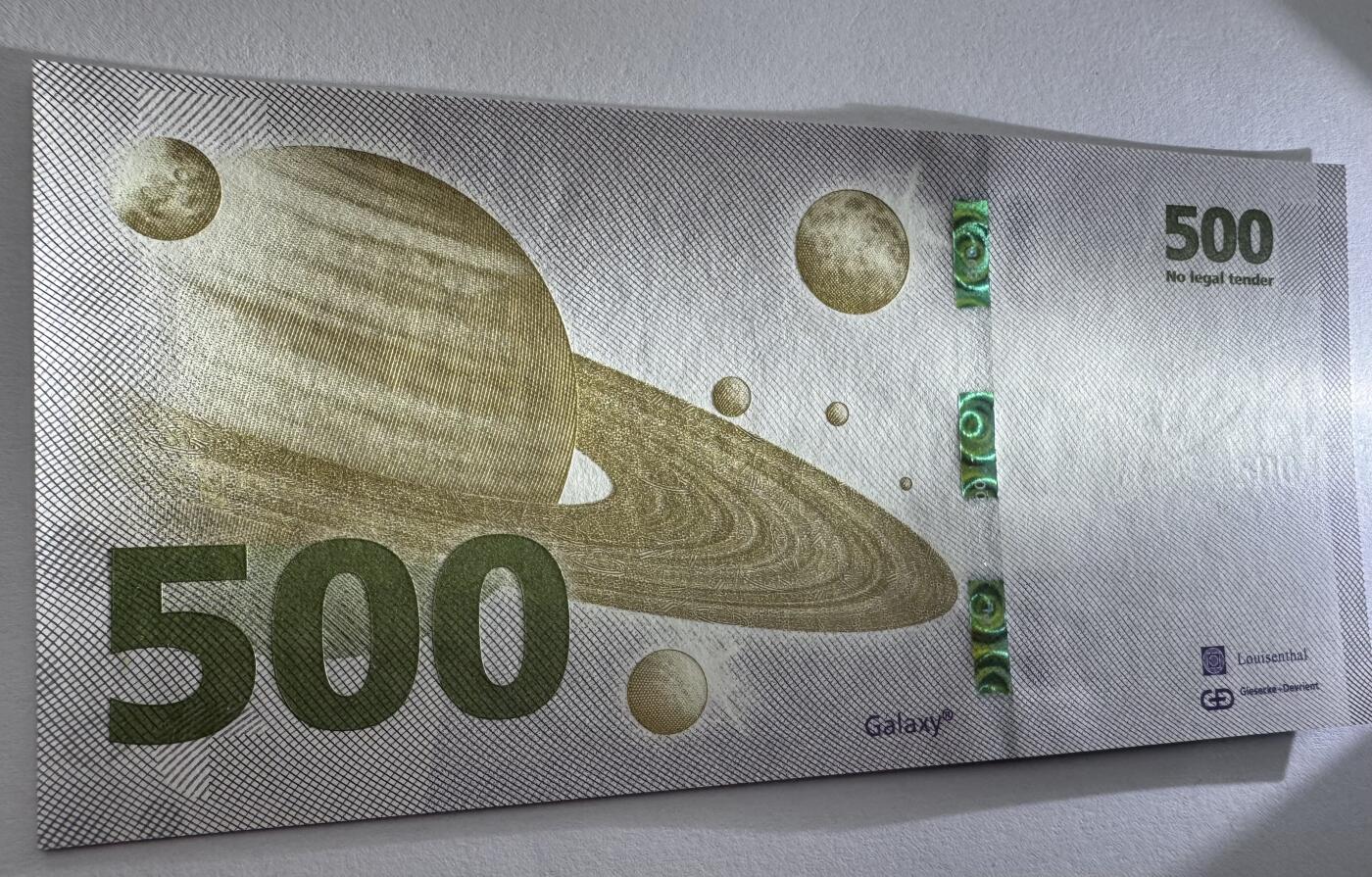 2026第1场（总第228期）：精品测试钞、外钞、塑料钞、连体钞综合场 德国捷德G&D “绿版木星”500面额Galaxy金变绿安全线测试钞册装UNC