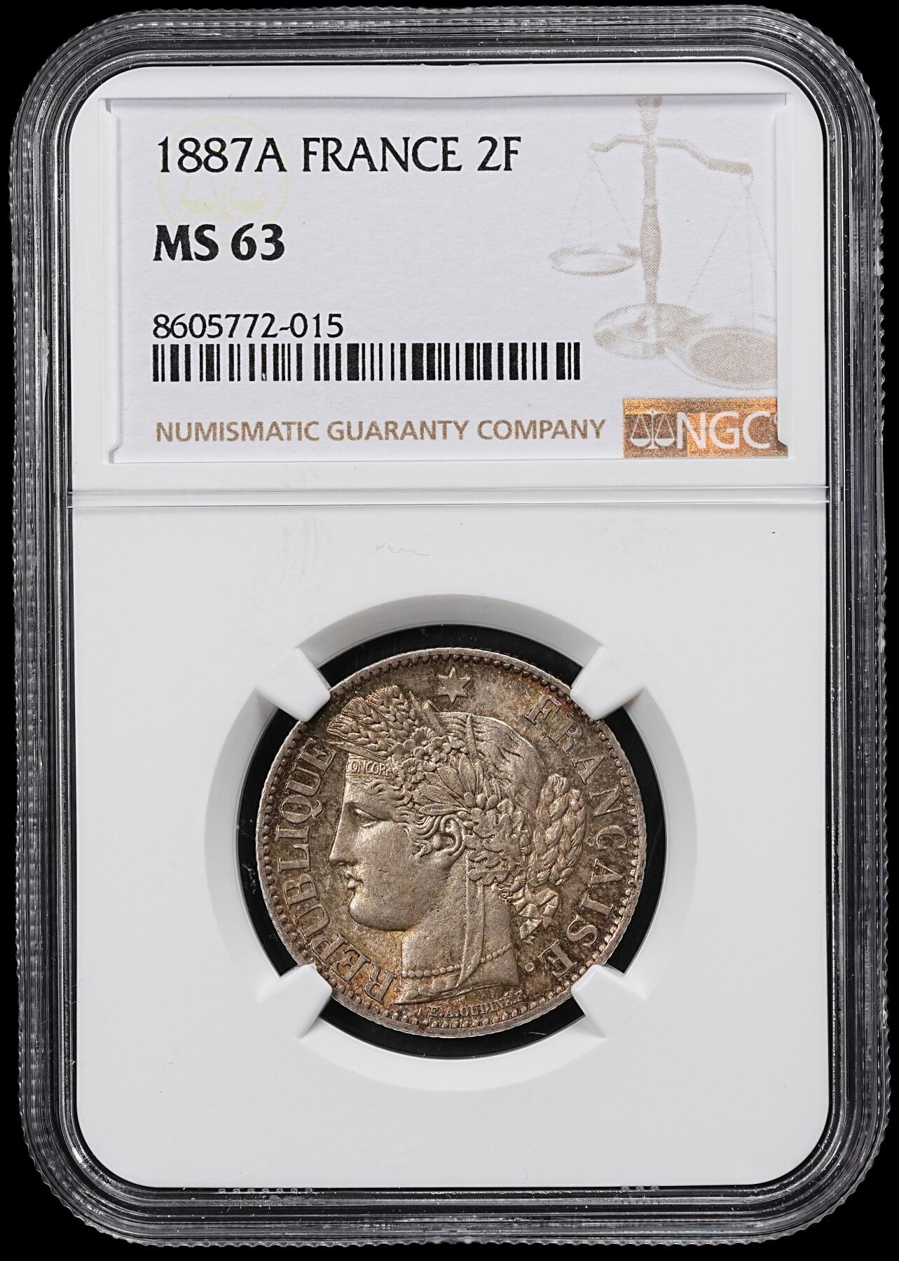 修遠堂世界钱币第一百期 NGC MS63 1887年法国谷物女神2法郎银币 A厂铭 五彩包浆
