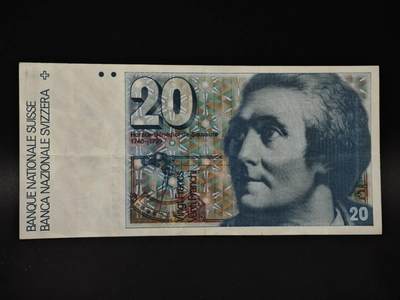 【淘币小摊】限时拍第八百四十二拍  纸币场  满百包邮可预留两周  周一统一发货  - 瑞士20法郎纸币【有折】