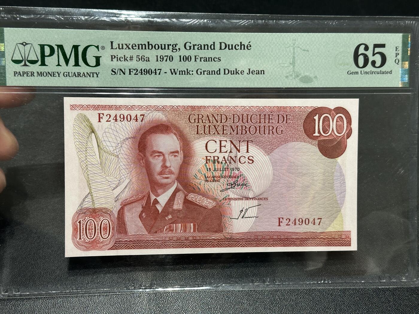🎉🎉🎉《外钞收藏家》第六百期（年度庆典场）（本平台长期征集拍品、欢迎藏友们联系合作）❤️❤️❤️ 1970年卢森堡100法郎 PMG67 精美小票