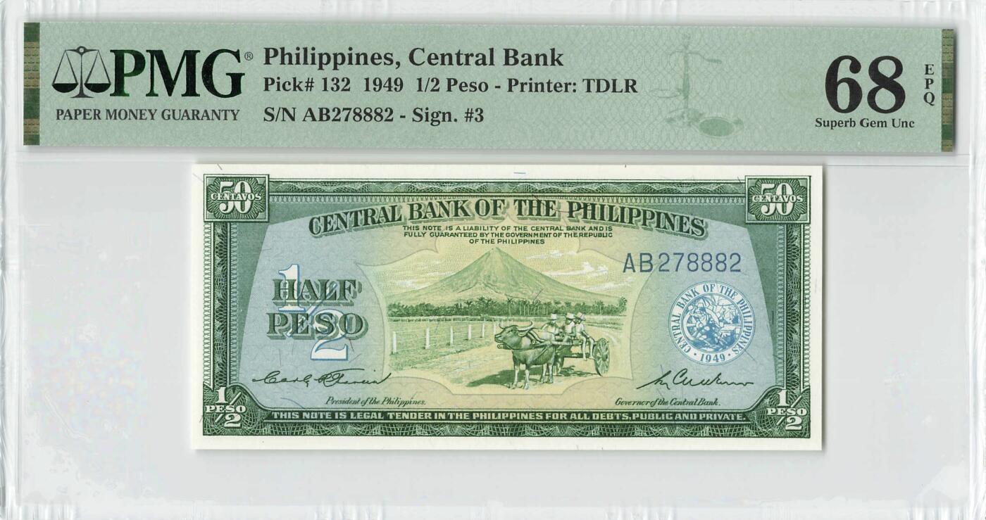 小福收藏拍卖第198期 评级币精选场  本期有菲律宾百位靓号100000比索超大纪念钞 苏里南25000盾花鸟版最高值 柬埔寨珍品56年50瑞尔 南越未发行版最高值打飞机  巴哈马彩背 老挝中国代印57年样钞 匈牙利 斯洛伐克 法罗群岛等多国精美高分珍稀老钞精品纸币 菲律宾 1949年 1/2比索 数3 PMG68 EPQ 冠军分！！！