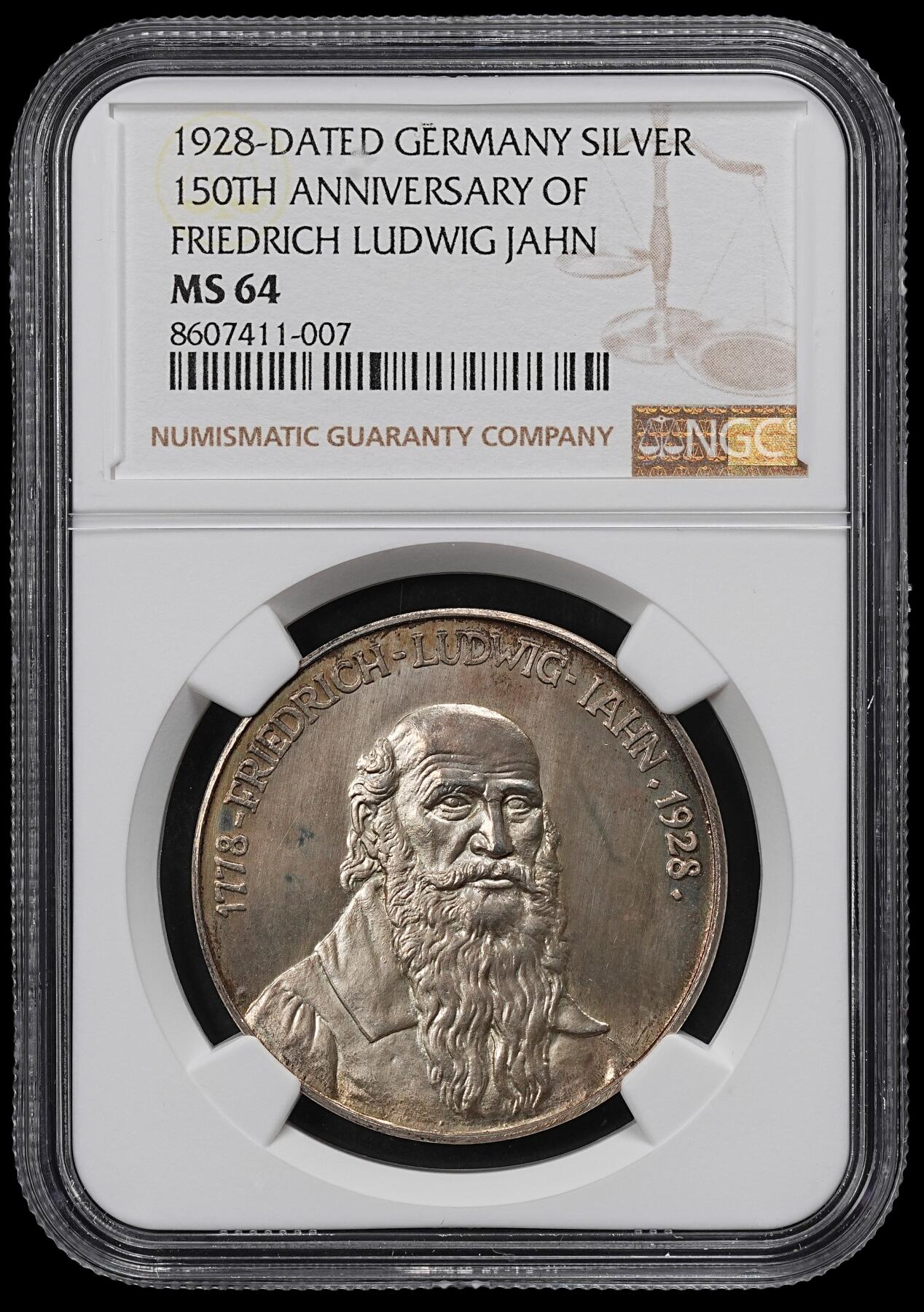 修遠堂世界钱币第一百期 NGC MS64  1928年德国魏玛共和国发行-弗里德里希・路德维希・雅恩诞辰 150周年纪念银章