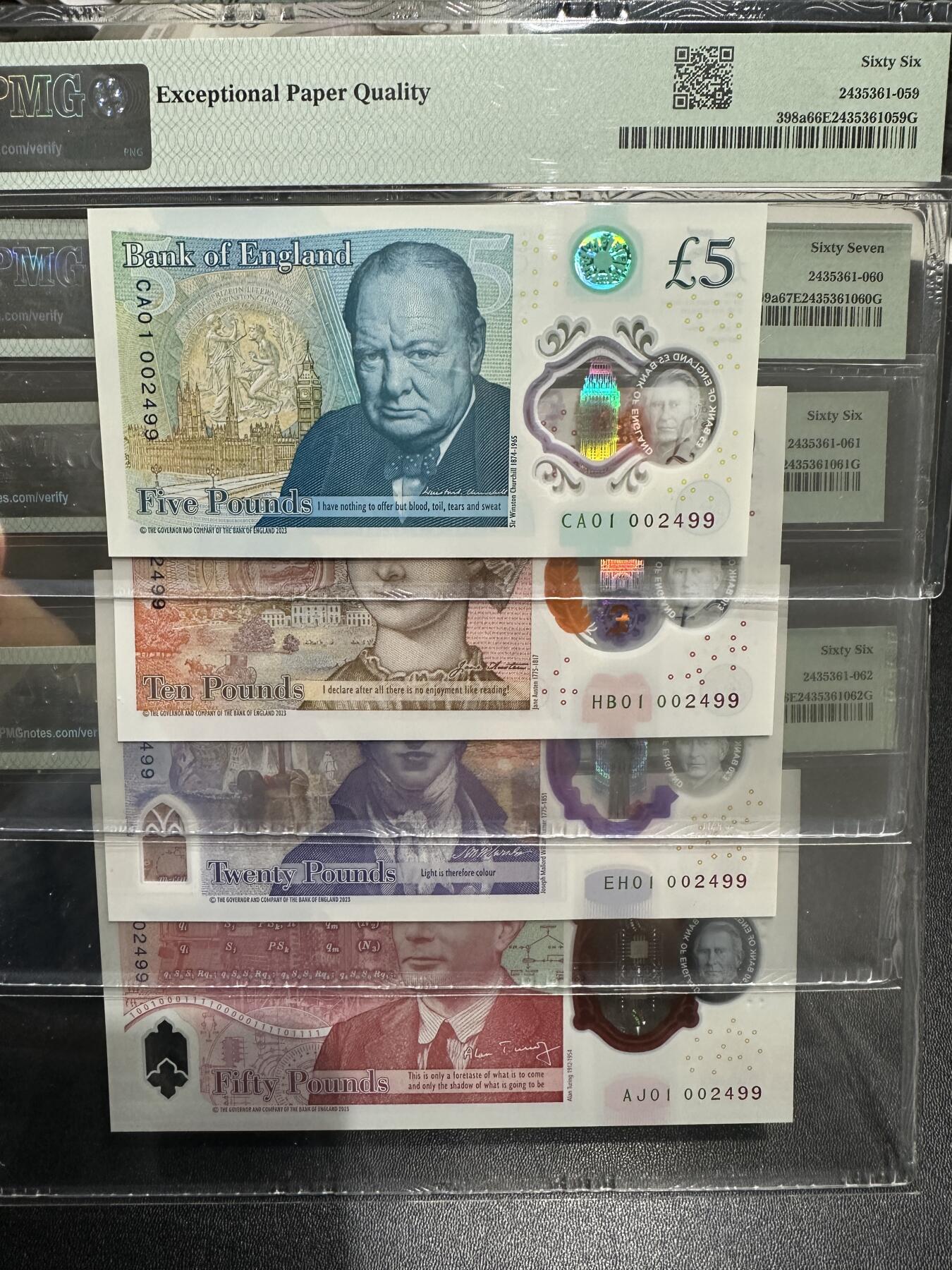 🎉🎉🎉《外钞收藏家》第六百期（年度庆典场）（本平台长期征集拍品、欢迎藏友们联系合作）❤️❤️❤️ 英国最新版 查尔斯 塑料钞 5-50镑 四张一起 全部首发冠 PMG66-67 