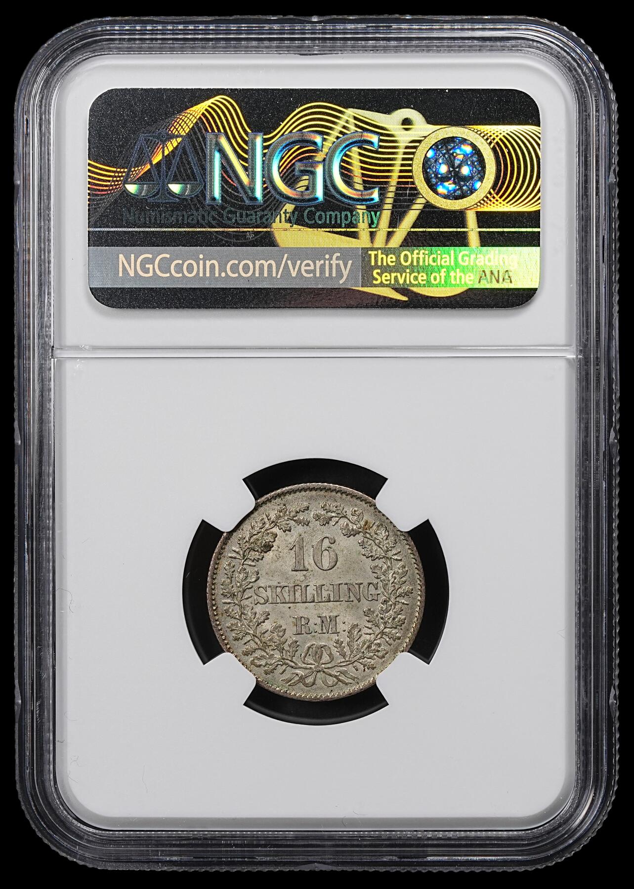 修遠堂世界钱币第一百期 NGC MS65 1856年丹麦16 SKILLING RIGSMONT银币  齿边版