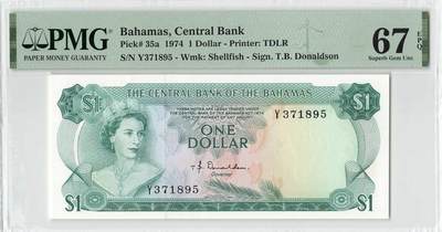 小福收藏拍卖第200期 【庆典场 中拍就有好礼相赠】评级币精选场 本期有捷克斯洛伐克20年100克朗慕夏作品大珍 69分倒置百位号布隆迪世界最大纸币  35年版加拿大经典 苏格兰格拉斯哥大学500年纪念钞倒置小号 卡塔尔80年100里亚尔冠军分 美国教育券 意大利拉斐尔 乌克兰 库克群岛 墨西哥 南斯拉夫 亚美尼亚等多国精美高分珍稀老钞精品纸币 - 巴哈马 1974年 1元 彩背 PMG67 EPQ 亚军分