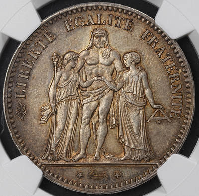 修遠堂世界钱币第一百期 - NGC MS63 1876年法国大力神5法郎大银币 A厂铭，黄油彩