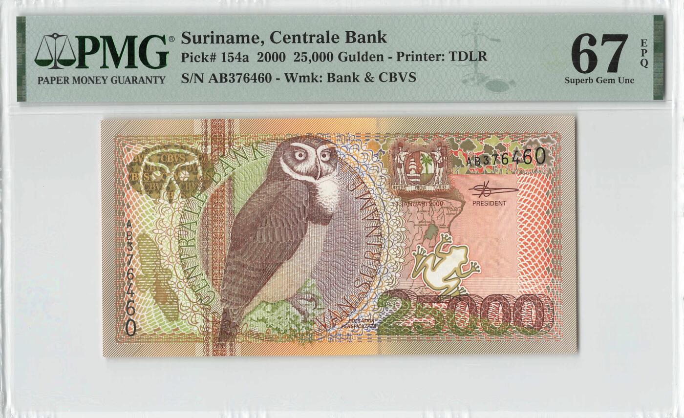 小福收藏拍卖第198期 评级币精选场  本期有菲律宾百位靓号100000比索超大纪念钞 苏里南25000盾花鸟版最高值 柬埔寨珍品56年50瑞尔 南越未发行版最高值打飞机  巴哈马彩背 老挝中国代印57年样钞 匈牙利 斯洛伐克 法罗群岛等多国精美高分珍稀老钞精品纸币 苏里南 2000年 25000盾 花鸟版最高值 PMG67 EPQ 季军分