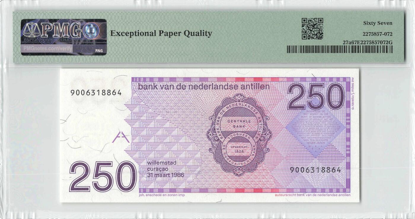 小福收藏拍卖第200期 【庆典场 中拍就有好礼相赠】评级币精选场 本期有捷克斯洛伐克20年100克朗慕夏作品大珍 69分倒置百位号布隆迪世界最大纸币  35年版加拿大经典 苏格兰格拉斯哥大学500年纪念钞倒置小号 卡塔尔80年100里亚尔冠军分 美国教育券 意大利拉斐尔 乌克兰 库克群岛 墨西哥 南斯拉夫 亚美尼亚等多国精美高分珍稀老钞精品纸币 荷属安的列斯 1986年 250盾 PMG67 EPQ