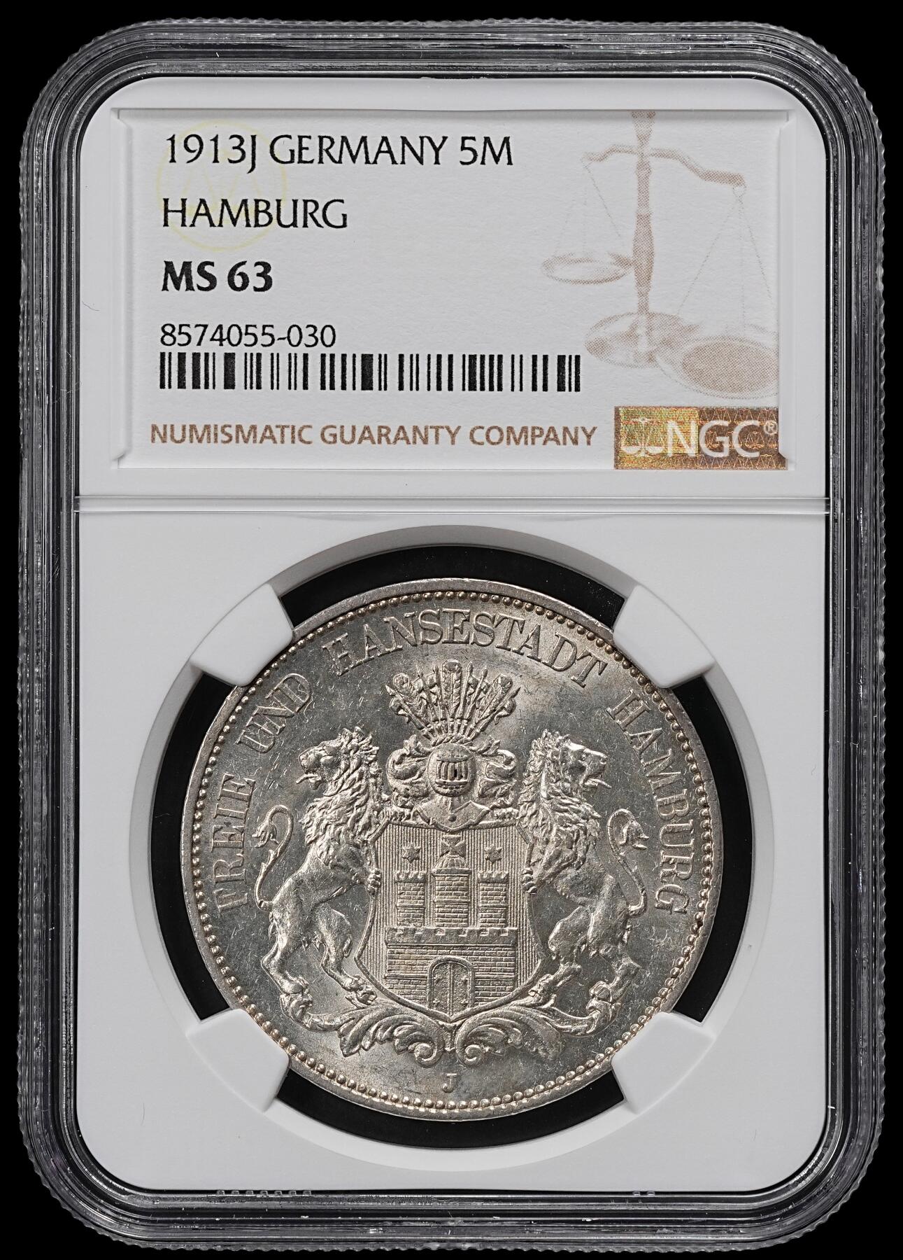 修遠堂世界钱币第一百期 NGC MS63 1913年汉堡5马克大银币