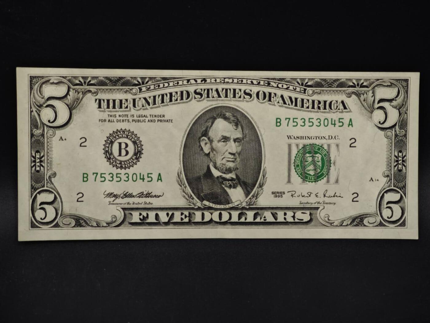 【淘币小摊】限时拍第八百四十二拍  纸币场  满百包邮可预留两周  周一统一发货  美国1995年5元纸币【有折】