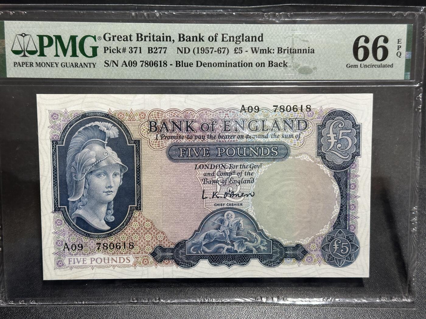🎉🎉🎉《外钞收藏家》第六百期（年度庆典场）（本平台长期征集拍品、欢迎藏友们联系合作）❤️❤️❤️ 1957-67年英国B序列5镑 PMG66 尾8 实心版