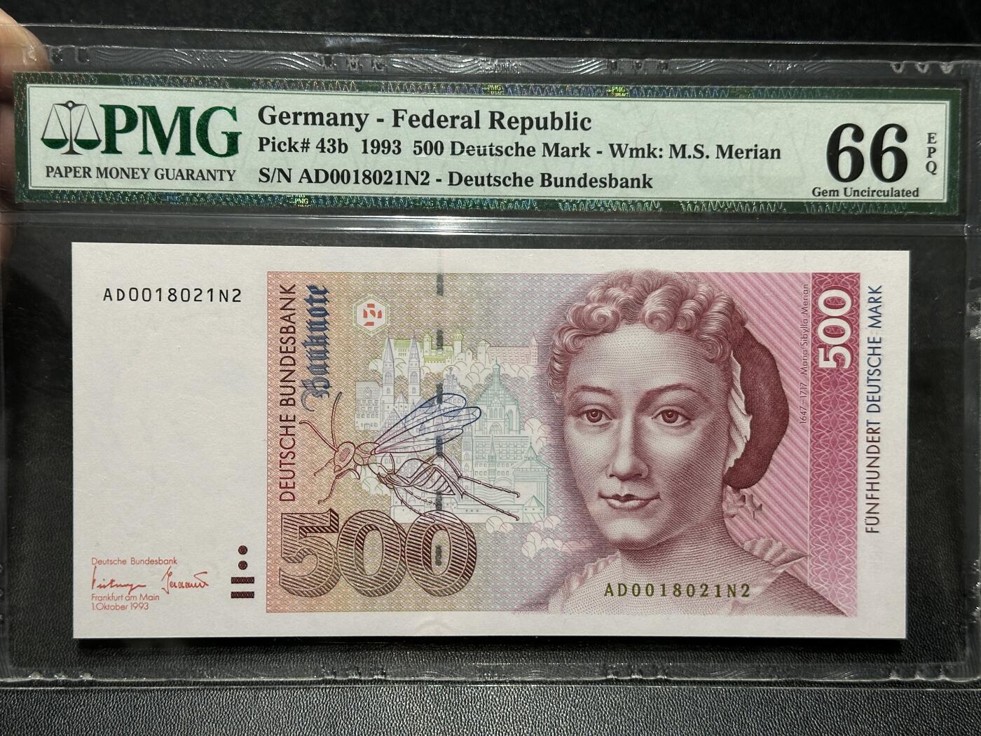 🎉🎉🎉《外钞收藏家》第六百期（年度庆典场）（本平台长期征集拍品、欢迎藏友们联系合作）❤️❤️❤️ 1993年的国末版500马克 梅里安 PMG66 无47