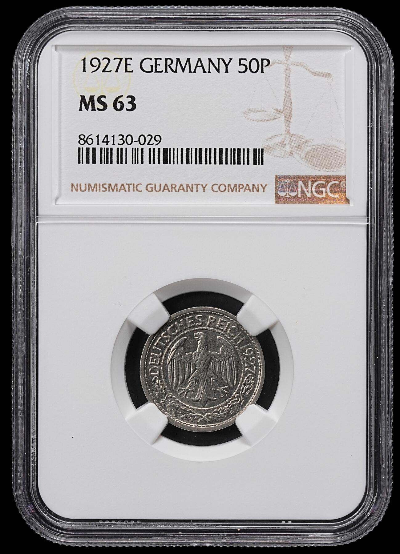 修遠堂世界钱币第一百期 NGC MS63 1927年德国50芬尼 E厂铭，较少见的厂铭