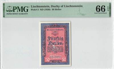 小福收藏拍卖第200期 【庆典场 中拍就有好礼相赠】评级币精选场 本期有捷克斯洛伐克20年100克朗慕夏作品大珍 69分倒置百位号布隆迪世界最大纸币  35年版加拿大经典 苏格兰格拉斯哥大学500年纪念钞倒置小号 卡塔尔80年100里亚尔冠军分 美国教育券 意大利拉斐尔 乌克兰 库克群岛 墨西哥 南斯拉夫 亚美尼亚等多国精美高分珍稀老钞精品纸币 - 列支敦士登 1920年 50赫勒 百年老钞 PMG66 EPQ 亚军分