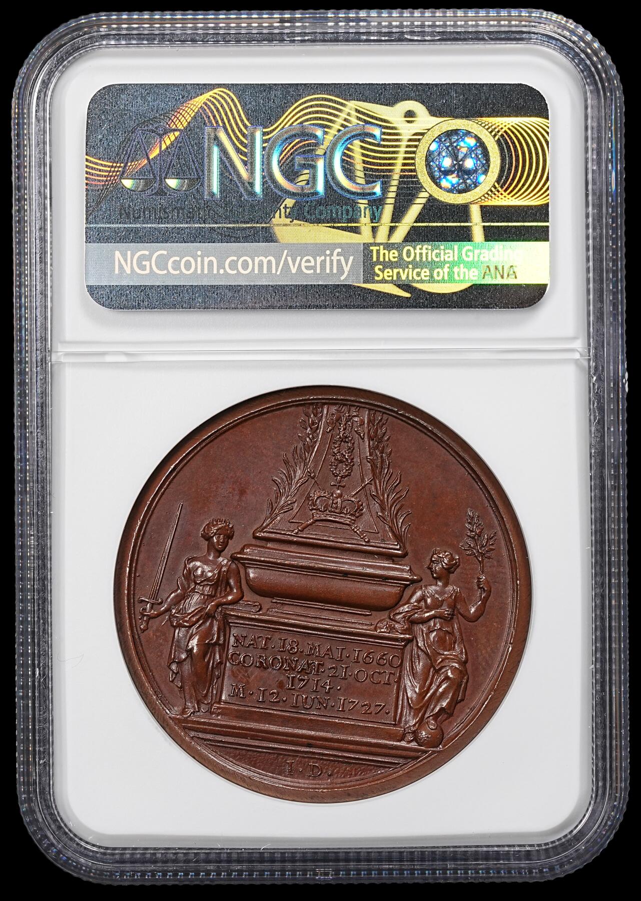 修遠堂世界钱币第一百期 NGC MS64BN 1727年英王乔治一世逝世纪念高浮雕大铜章，盒子年份标签有误，铜色一流