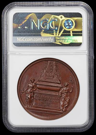 NGC MS64BN 1727年英王乔治一世逝世纪念高浮雕大铜章，盒子年份标签有误，铜色一流
