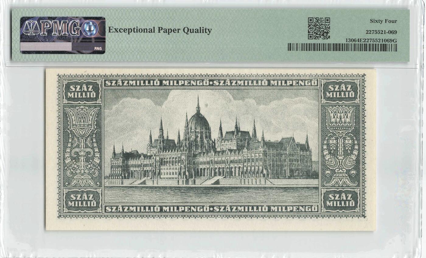 小福收藏拍卖第198期 评级币精选场  本期有菲律宾百位靓号100000比索超大纪念钞 苏里南25000盾花鸟版最高值 柬埔寨珍品56年50瑞尔 南越未发行版最高值打飞机  巴哈马彩背 老挝中国代印57年样钞 匈牙利 斯洛伐克 法罗群岛等多国精美高分珍稀老钞精品纸币 匈牙利 1946年 100000000潘戈 布达佩斯议会大厦 p-130 PMG64 EPQ 