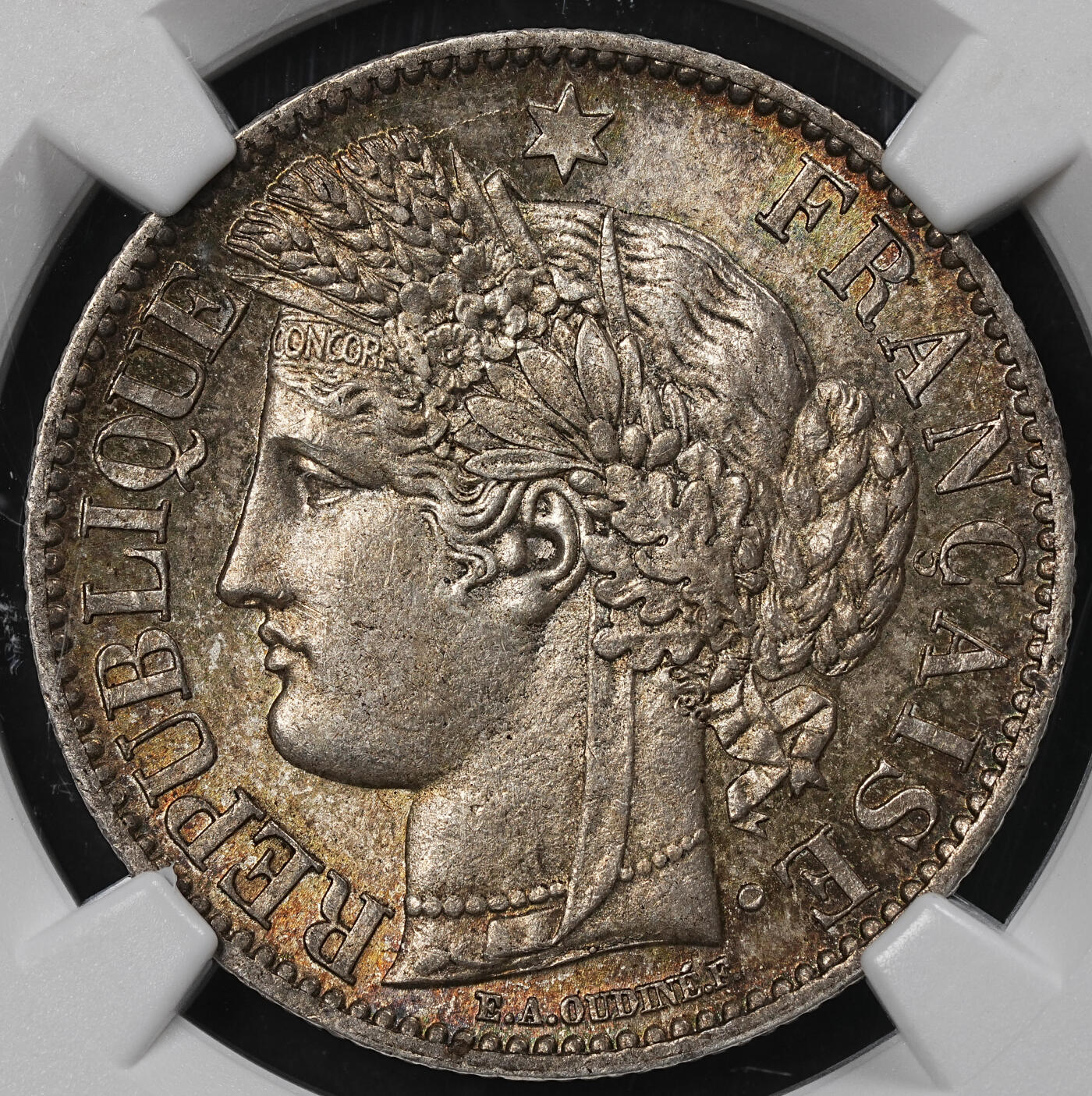 修遠堂世界钱币第一百期 NGC MS63 1887年法国谷物女神2法郎银币 A厂铭 五彩包浆