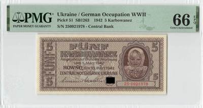 小福收藏拍卖第200期 【庆典场 中拍就有好礼相赠】评级币精选场 本期有捷克斯洛伐克20年100克朗慕夏作品大珍 69分倒置百位号布隆迪世界最大纸币  35年版加拿大经典 苏格兰格拉斯哥大学500年纪念钞倒置小号 卡塔尔80年100里亚尔冠军分 美国教育券 意大利拉斐尔 乌克兰 库克群岛 墨西哥 南斯拉夫 亚美尼亚等多国精美高分珍稀老钞精品纸币 - 乌克兰 德占 1942年 5卡博瓦内斯 小女孩 尾年代号1978 PMG66 EPQ 亚军分 