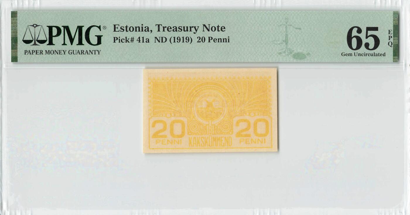 小福收藏拍卖第200期 【庆典场 中拍就有好礼相赠】评级币精选场 本期有捷克斯洛伐克20年100克朗慕夏作品大珍 69分倒置百位号布隆迪世界最大纸币  35年版加拿大经典 苏格兰格拉斯哥大学500年纪念钞倒置小号 卡塔尔80年100里亚尔冠军分 美国教育券 意大利拉斐尔 乌克兰 库克群岛 墨西哥 南斯拉夫 亚美尼亚等多国精美高分珍稀老钞精品纸币 爱沙尼亚 1919年 20Penni 少见 PMG65 EPQ 亚军分（冠军分仅1枚）