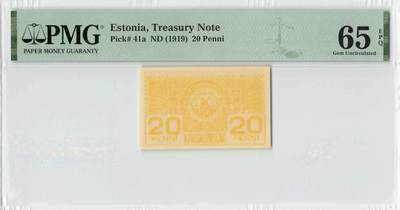 小福收藏拍卖第200期 【庆典场 中拍就有好礼相赠】评级币精选场 本期有捷克斯洛伐克20年100克朗慕夏作品大珍 69分倒置百位号布隆迪世界最大纸币  35年版加拿大经典 苏格兰格拉斯哥大学500年纪念钞倒置小号 卡塔尔80年100里亚尔冠军分 美国教育券 意大利拉斐尔 乌克兰 库克群岛 墨西哥 南斯拉夫 亚美尼亚等多国精美高分珍稀老钞精品纸币 - 爱沙尼亚 1919年 20Penni 少见 PMG65 EPQ 亚军分（冠军分仅1枚）