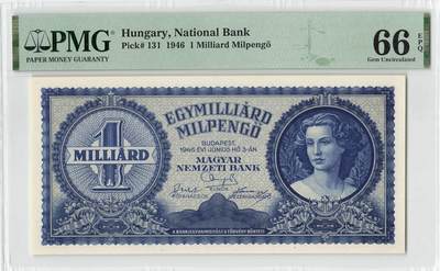 小福收藏拍卖第200期 【庆典场 中拍就有好礼相赠】评级币精选场 本期有捷克斯洛伐克20年100克朗慕夏作品大珍 69分倒置百位号布隆迪世界最大纸币  35年版加拿大经典 苏格兰格拉斯哥大学500年纪念钞倒置小号 卡塔尔80年100里亚尔冠军分 美国教育券 意大利拉斐尔 乌克兰 库克群岛 墨西哥 南斯拉夫 亚美尼亚等多国精美高分珍稀老钞精品纸币 - 匈牙利 1946年 1.000.000.000.000.000潘戈 p-131 PMG66 EPQ 亚军分