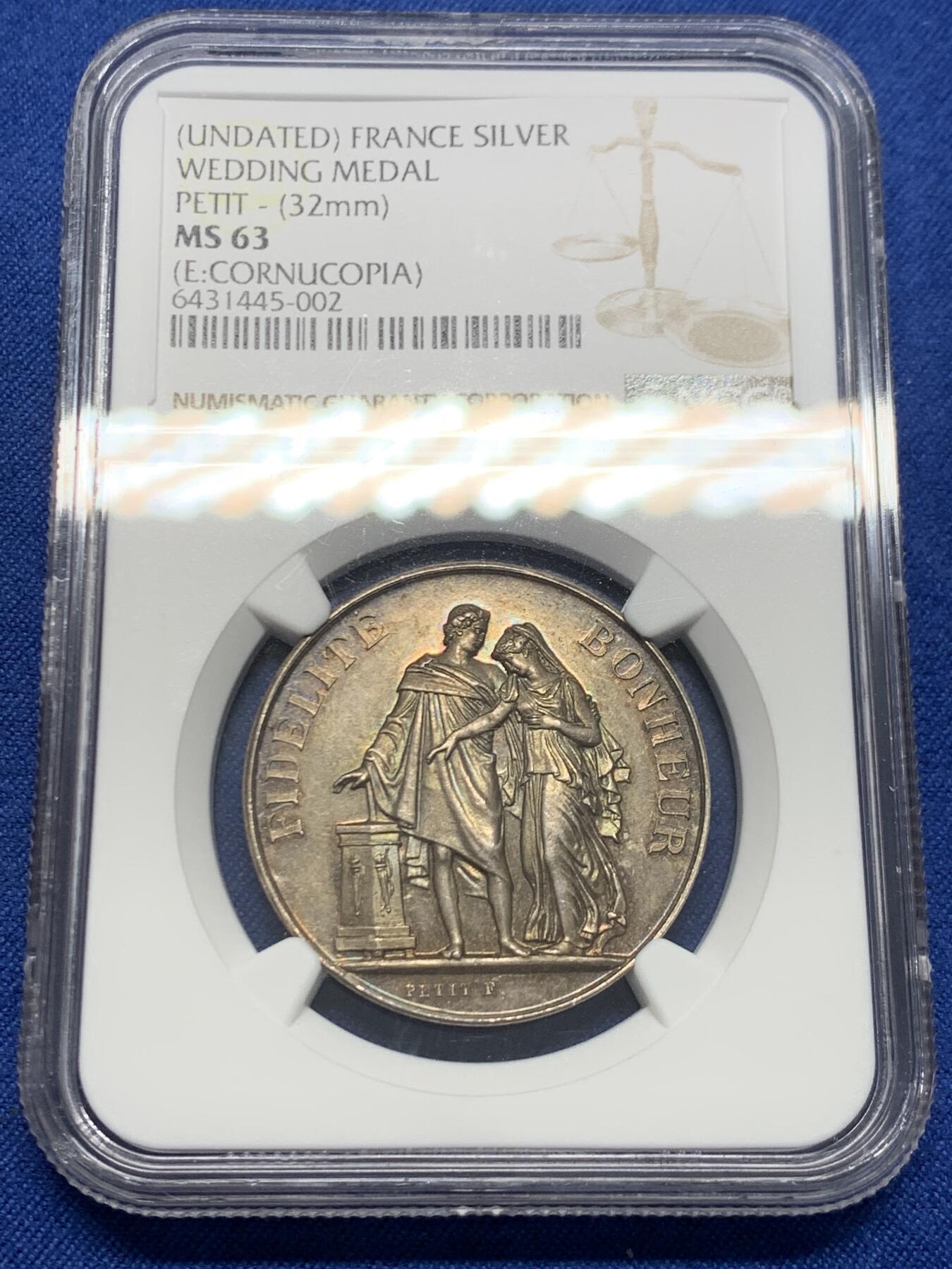 《竞宝斋》第454场 周日，周一 2场连拍 （全场包邮，欢迎送拍） NGC MS63 法国结婚银章 32mm 丰饶角