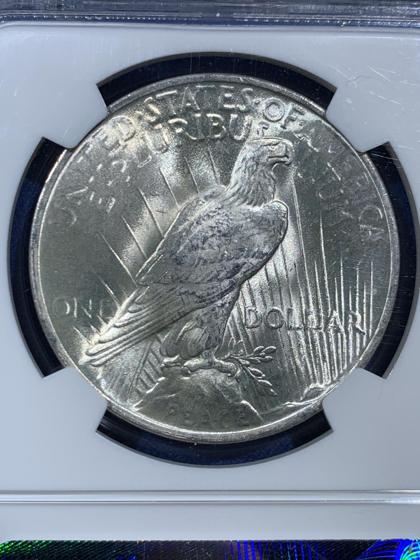 《竞宝斋》第454场 周日，周一 2场连拍 （全场包邮，欢迎送拍） NGC MS63 美国 1923年 1美元  和平银币 老盒严评 淡黄包浆