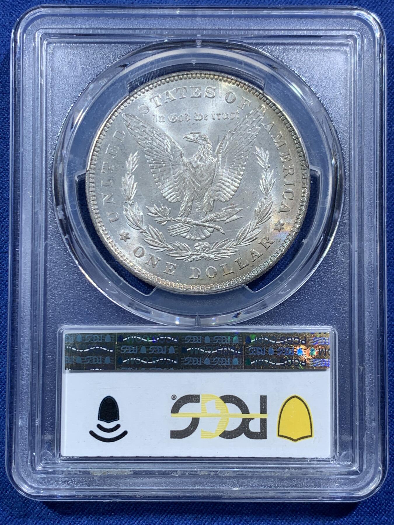 《竞宝斋》第454场 周日，周一 2场连拍 （全场包邮，欢迎送拍） PCGS MS63 美国 1878 首年摩根 7/8TF 银币 尾部羽毛复打 稀有版别 鹰面月牙形五彩包浆