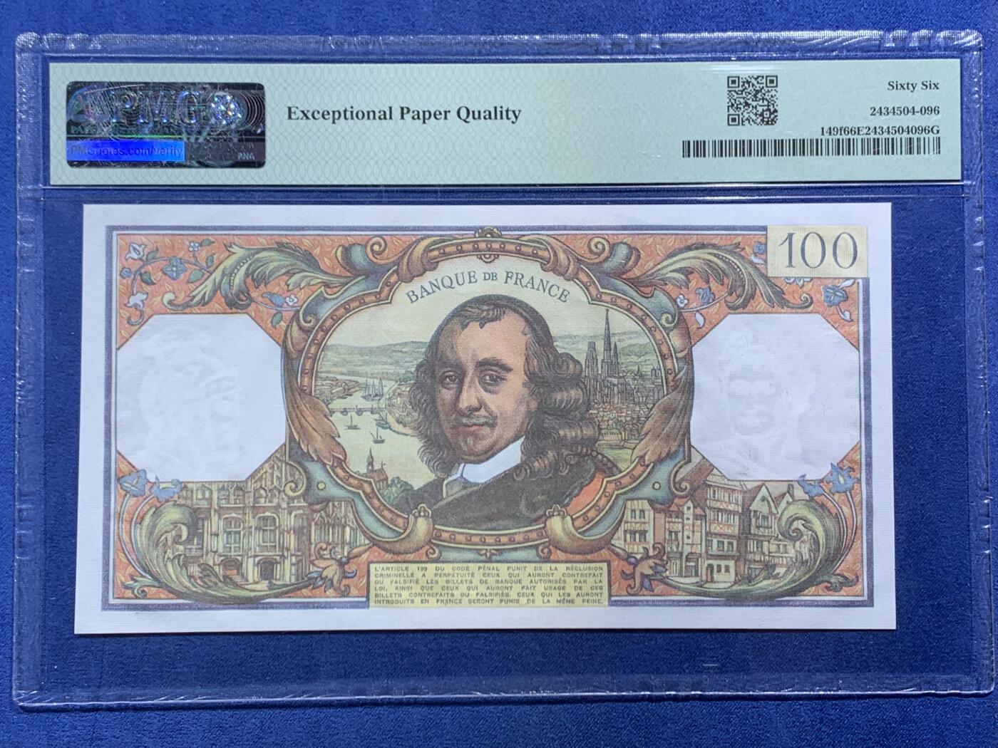 《竞宝斋》第454场 周日，周一 2场连拍 （全场包邮，欢迎送拍） PMG 66EPQ 法国 1976-79年100法郎 高乃伊