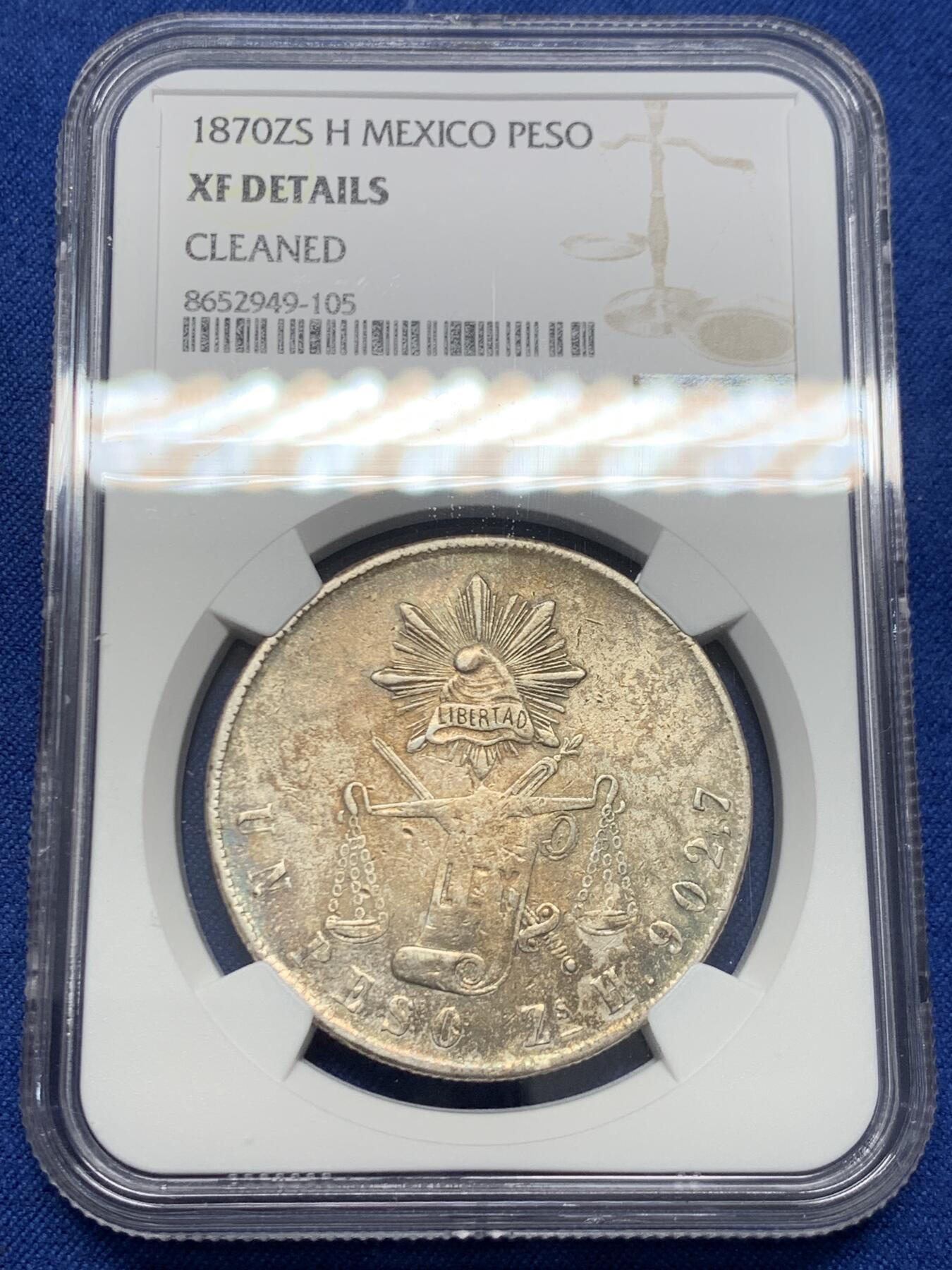 《竞宝斋》第454场 周日，周一 2场连拍 （全场包邮，欢迎送拍） NGC XFD 墨西哥1870年天平鹰洋1比索 有点彩包浆