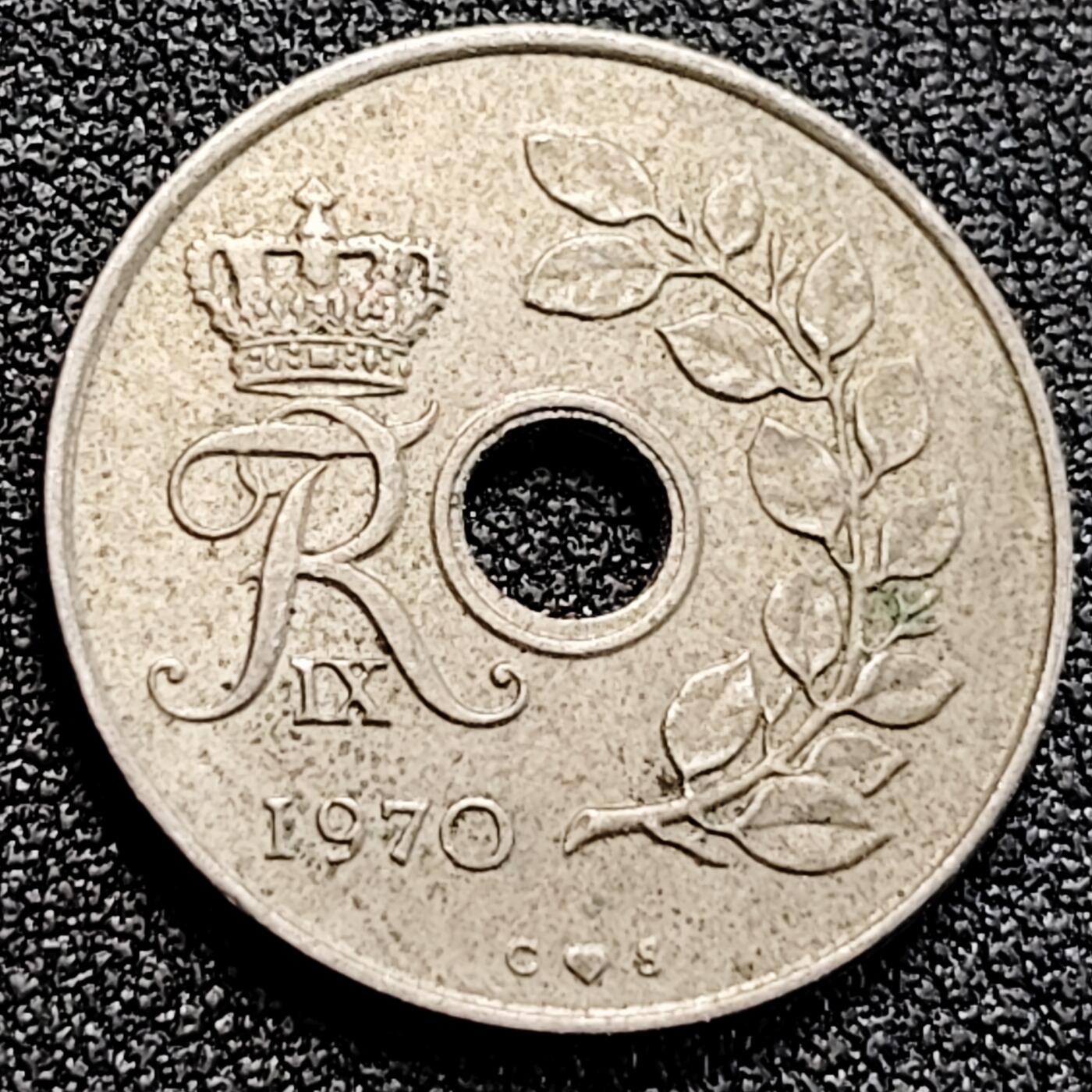 泉币菌-第162场- 新年第五场 精品福利场 23mm 丹麦 1970 25欧尔铜镍硬币皇冠 中孔